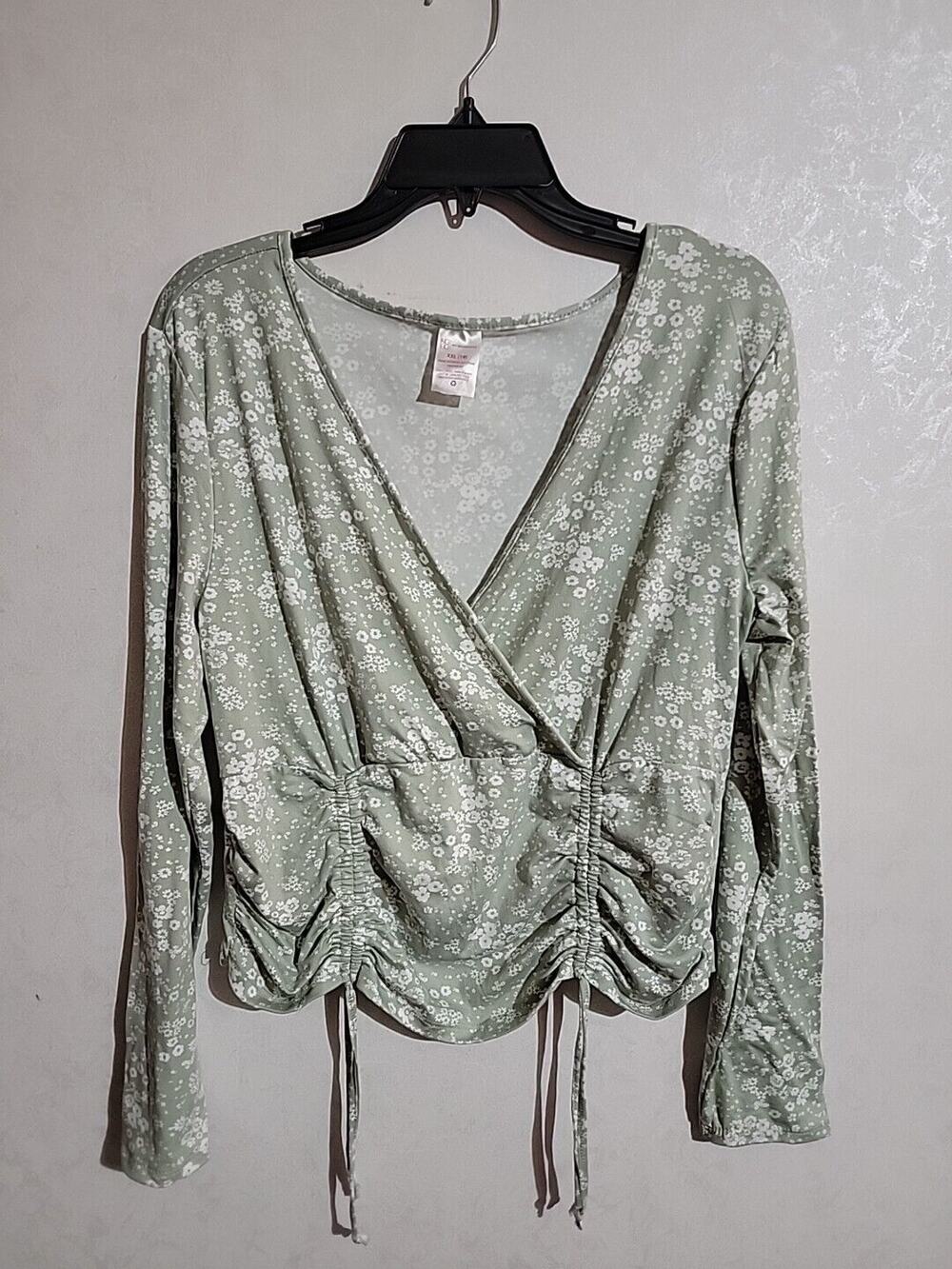 No Boundaries Crossover Front Drawstring Blouse Mint Green Floral sz XXL (19)